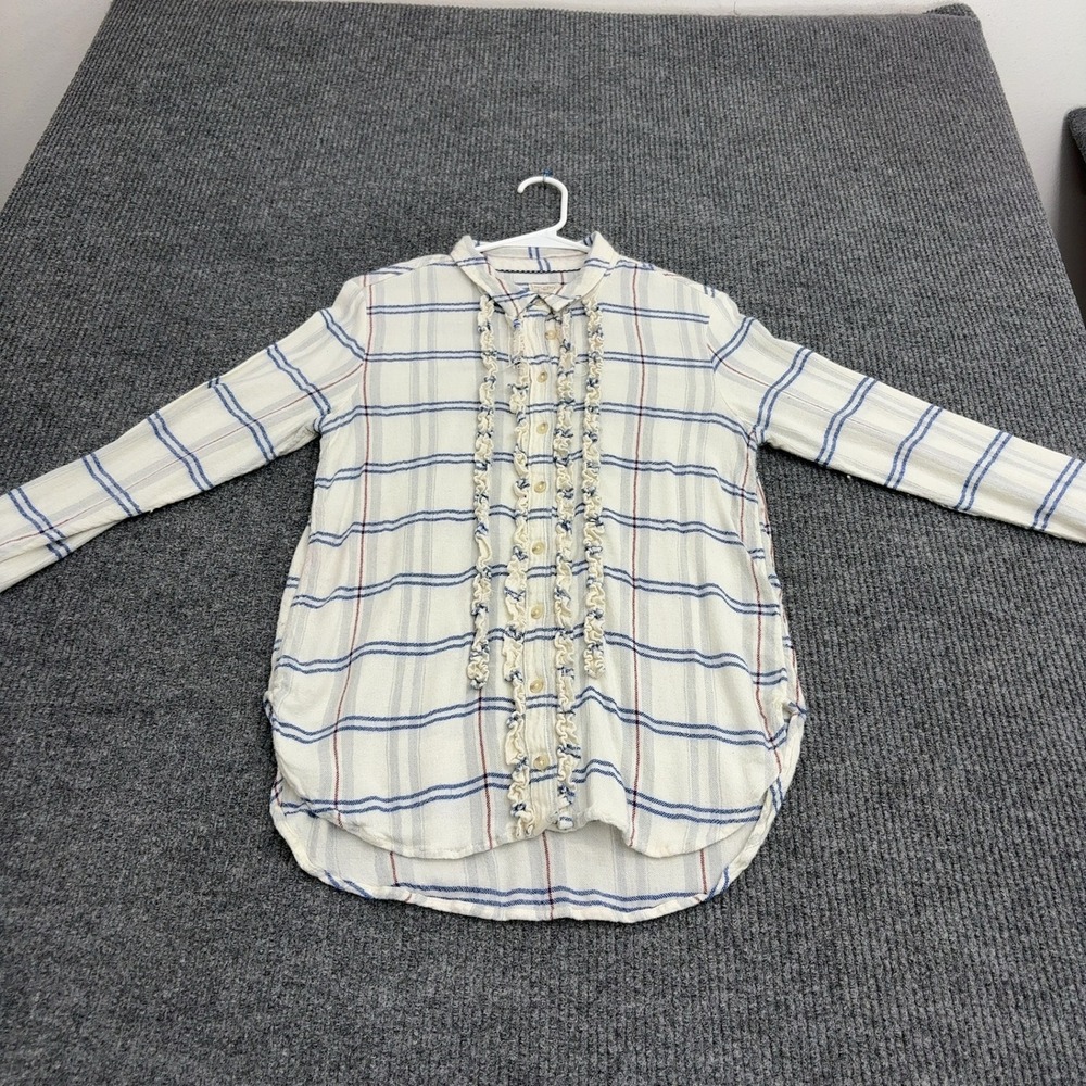 Pilcro Button Down Womens M White Viscose Wool Plaid Ruffle Front Boho Style